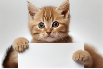 Funny kitten cat holding a blank sign, sheet of paper for text.