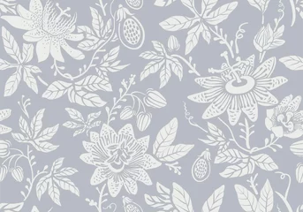 Foto auf Leinwand Seamless monochrome pattern with flowers. Wallpaper. Background with sketch climbing flowers. Retro graceful style. Design for textile, wallpaper, bed linen, paper, invitation, cover. Floral backdrop © sunny_lion
