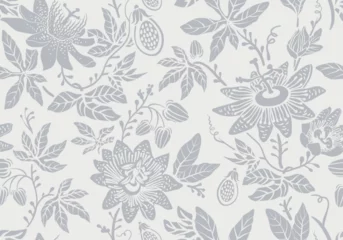 Gordijnen Seamless monochrome pattern with flowers. Wallpaper. Background with sketch climbing flowers. Retro graceful style. Design for textile, wallpaper, bed linen, paper, invitation, cover. Floral backdrop © sunny_lion