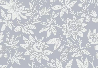 Gordijnen Seamless monochrome pattern with flowers. Wallpaper. Background with sketch climbing flowers. Retro graceful style. Design for textile, wallpaper, bed linen, paper, invitation, cover. Floral backdrop © sunny_lion