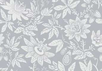Fotobehang Seamless monochrome pattern with flowers. Wallpaper. Background with sketch climbing flowers. Retro graceful style. Design for textile, wallpaper, bed linen, paper, invitation, cover. Floral backdrop © sunny_lion