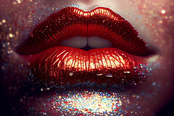 Shining sparkling female lips with red lipstick, macro view. - obrazy, fototapety, plakaty