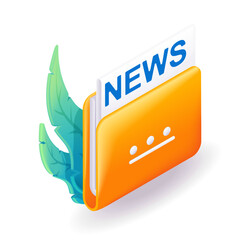 Isometric 3D icon yellow folder contains a news newspaper. Cartoon minimal style. Vector for website