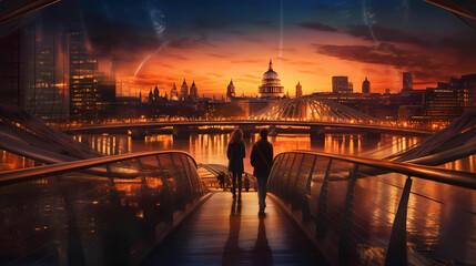 Obraz premium Two women contemplating the future while watching a beautiful sunset cityscape. Generative AI.