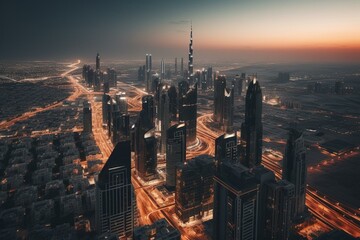 The view of the modern Dubai skyline and Sheikh Zayed Road at twilight in UAE. Generative AI
