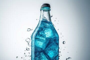Bottle with blue frosty drink on white background. Generative AI