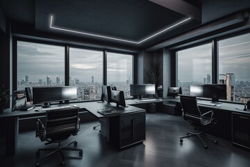 Gray office with PCs, panoramic window & frame. Generative AI