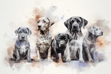 Gray watercolor background of adorable pets. Generative AI