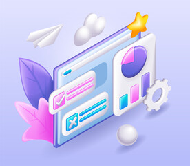 Trending 3D Isometric, cartoon illustration. Mail service concept. E-mail message, mail notification. Data reports by mail. Vector icons for website
