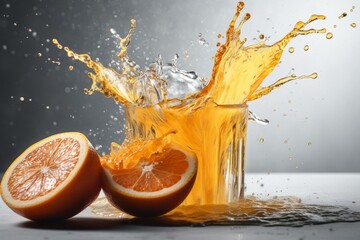 Naklejka na ściany i meble Splash of orange juice on white surface. Generative AI