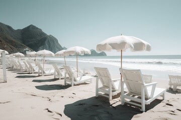 Scenic mountains and white beach chairs with umbrellas beside, perfect for relaxation or vacation getaways. Generative AI