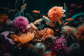 Colorful fish swimming in an isolated aquarium surrounded by flowers and plants. A beautiful aquatic pet in shades of gold, orange, pink, and purple. Generative AI
