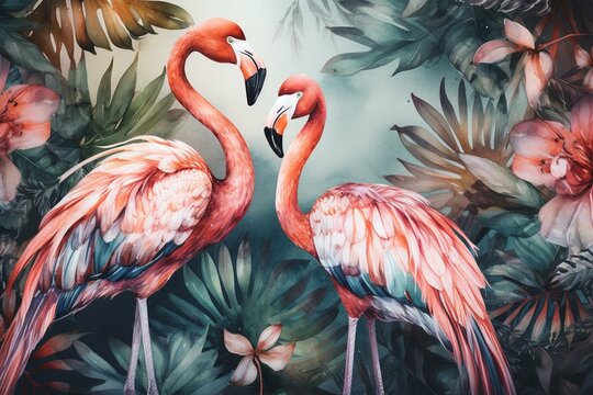 Tropical pattern with palm trees and flamingos, painted with watercolors. Generative AI