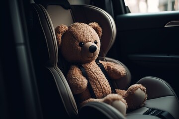 Child car safety seat featuring a teddy bear design. Generative AI