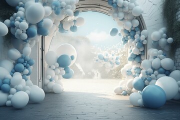 3D-rendered portal gate made of white and blue arc balloons. Generative AI