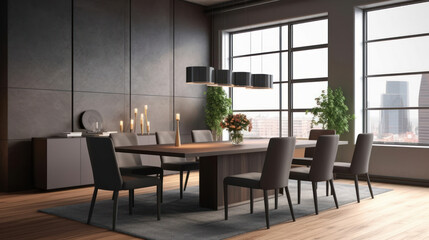 dining table becomes the centerpiece of a modern dining room with a minimalist approach. The background showcases a wall with a textured concrete finish