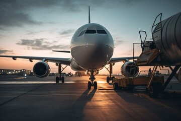 Airplane sits on airport apron for maintenance and refueling after airspace closure. Generative AI
