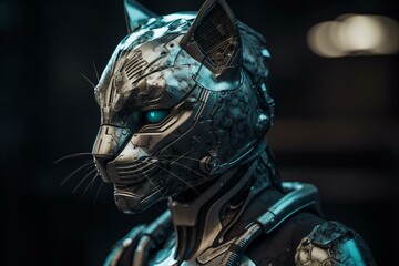 Futuristic armor-clad lifelike kitty for commercial/editorial use with surrealist elements. Keywords: cyberpunk, high-tech, surrealism, advertisement. Generative AI
