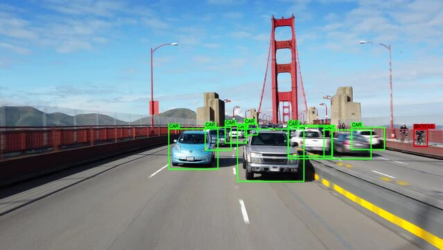 Autonomous Car Driving Through the Golden Gate Bridge in San Francisco. Computer Vision with Object Detection System that Creates Boxes to Recognize Objects. Artificial intelligence.