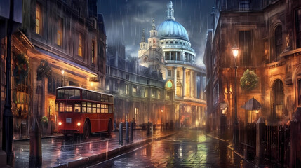 streets of London with red buses on a rainy day. 
Generative AI.