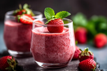 A glass brimming with a vibrant, natural smoothie. Sunlight filters through foliage, highlighting fresh fruits. A refreshing delight in a serene, natural setting, ai-genereted