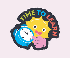 Time to learn icon. Color sticker with sun and alarm clock. School, study, education concept. Bright badge in retro style for social media. Cartoon flat vector illustration on white background