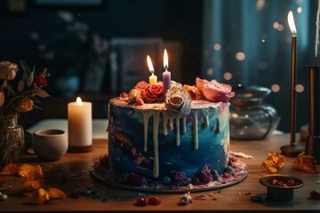 Adorable watercolor cake with lit candles. Generative AI