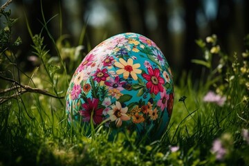 Obraz na płótnie Canvas Colorful Easter egg adorned with floral print resting in green meadow. Generative AI