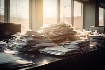 Piles of documents in an office with blurred backdrop. Generative AI