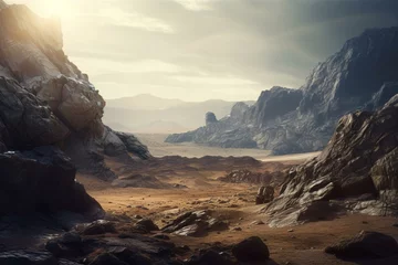 Tuinposter Sci-fi landscape on an alien planet. Generative AI © Mason