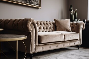 Fototapeta na wymiar Elegant beige velvet sofa in a living room. Generative AI