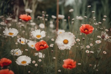 A template for a postcard featuring poppies and daisies. Generative AI