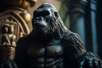 Detailed realistic ancient gorilla statue with cinematic lighting and rococo background: a stunning masterpiece of art and architecture. Generative AI