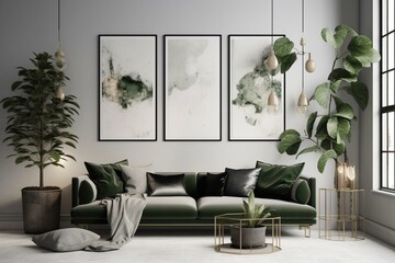 Chic living room with wall art, contemporary couch, and greenery accessories. Template with blank space. Generative AI