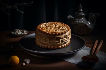 Modern recreation of traditional Chinese moon cake. Generative AI