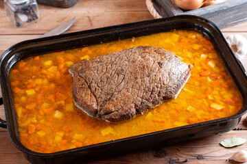 Baked sirloin in vegetable creamy sauce, typical Czech republic food, called "svickova". vegetable sauce with beef.