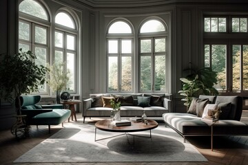 Opulent living area with contemporary windows and seasonal scenery. Generative AI