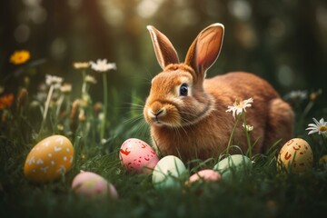 Fototapeta na wymiar A cute brown bunny with Easter eggs and flowers in a green meadow. Generative AI
