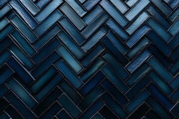 Blue glazed herringbone mosaic brick wall block. Generative AI