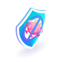 3D Isometric illustration. Cartoon shield icon with the virus crossed out. The concept of virus protection. Vector icons for website
