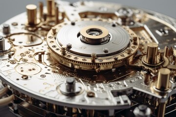 A gold-silver mechanism representing quantum computing and cryptography isolated on white background. Generative AI