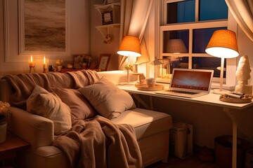 Cozy creative business desk with soft lighting, plush cushions, and a warm color palette, creating a comfortable and inviting space for creative work and contemplation - Generative AI