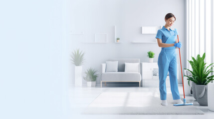 professional woman cleaner in uniform, office and home cleaning services. banner copy space