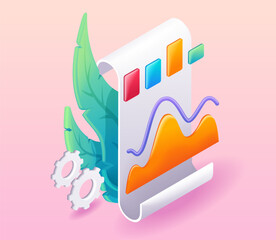 Trending 3D Isometric, cartoon illustration. Paper document with information data, graphs and diagrams. Vector icons for website