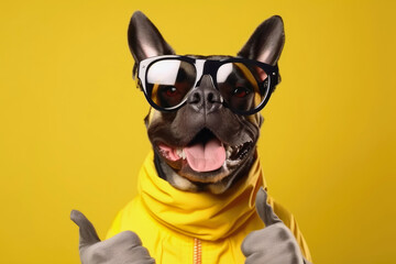 Portrait of a funny dog, a French bulldog in sunglasses, looking into the camera and giving a thumbs up. A sign of excellent work, isolated yellow background. Generative AI.	