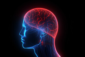 Healthcare, medicine and science concept. Abstract human headache illustration. Blue human body silhouette with red sign or marking of head pain. Generative AI