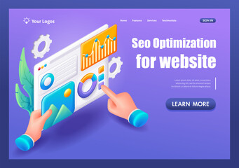 3D Isometric, cartoon. Concept of Seo Optimization for website. Charts and graphs with data. Trending Landing Page