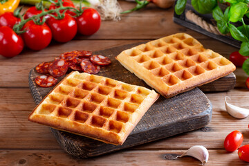 Cooking waffles stuffed with sausage, cheese. Pizza waffle, piffle. Open waffle iron. Trend of the year, popular food