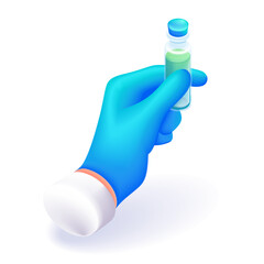 3D Isometric illustration. Cartoon hand of the doctor. Hand in a blue glove holds a test tube with a green substance. Vector icons for website