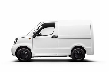 Compact delivery vehicle with black cab and white body. Isolated white background. Side view. Generative AI